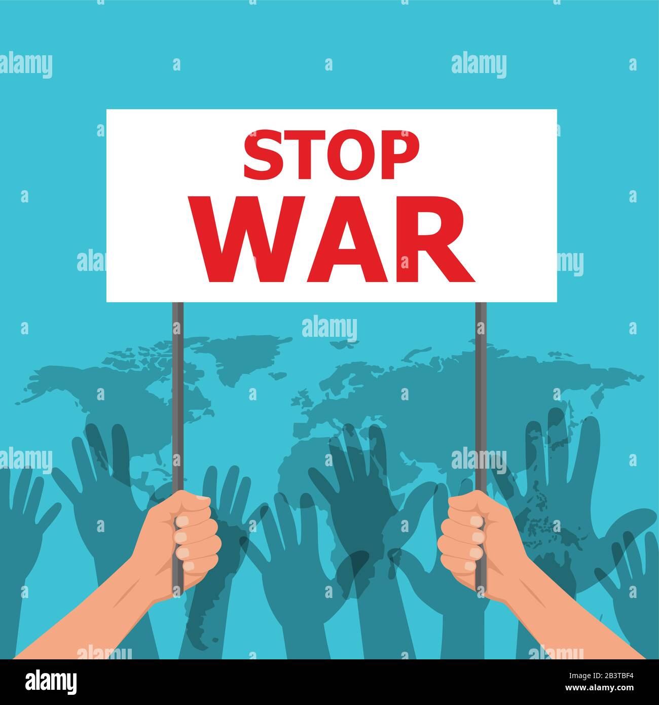 Fermare la guerra. Le mani delle persone tengono il poster. Concetto di divieto delle operazioni militari. Arresto del conflitto globale. Il mondo è in pericolo. Premere. Vect Illustrazione Vettoriale