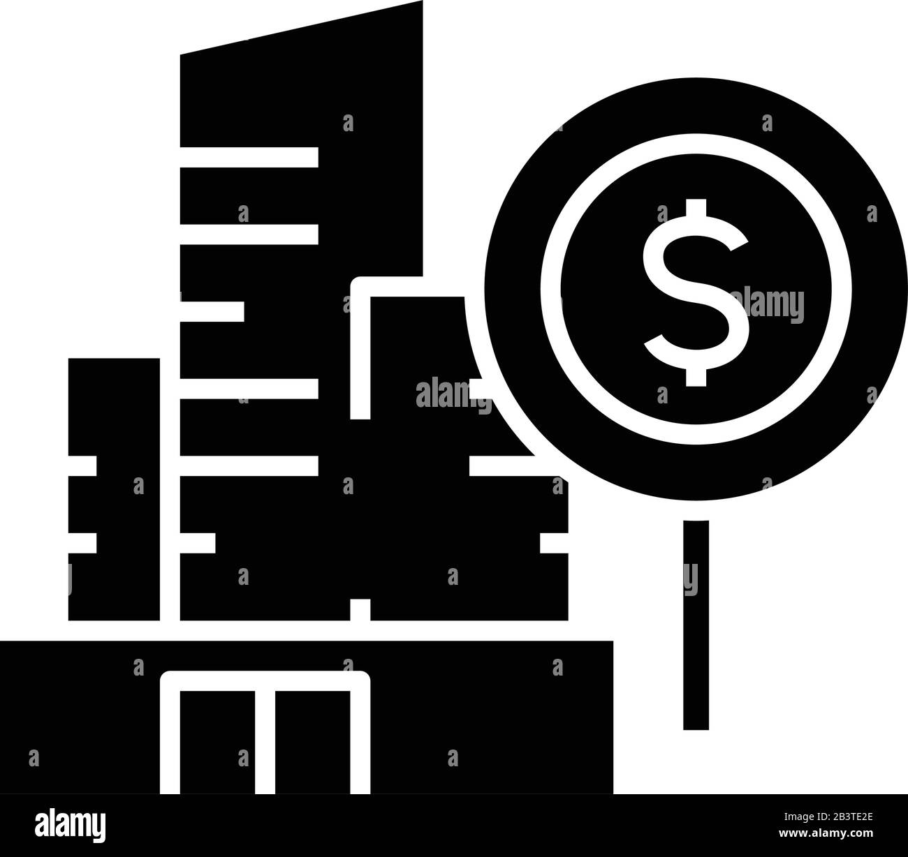Alto edificio vendita icona nera, concetto di illustrazione, vettore piatto simbolo, glifo segno. Illustrazione Vettoriale