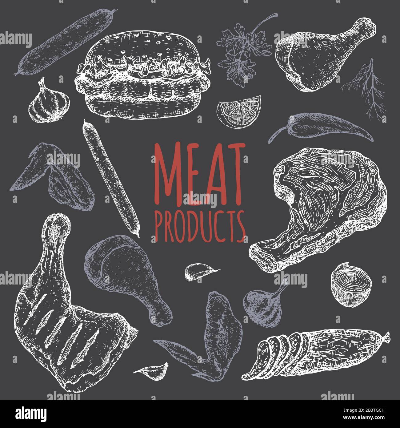 Prodotti a base di carne modello nero con schizzi di salumi, salsicce, hamburger, bistecche, pollo, verdure. Illustrazione Vettoriale