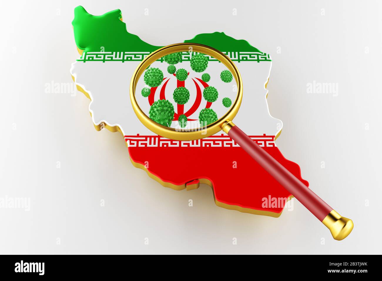 Virus 2019-ncov, Flur o Coronavirus con mappa Iran. Coronavirus dalla cina. Rendering 3D Foto Stock