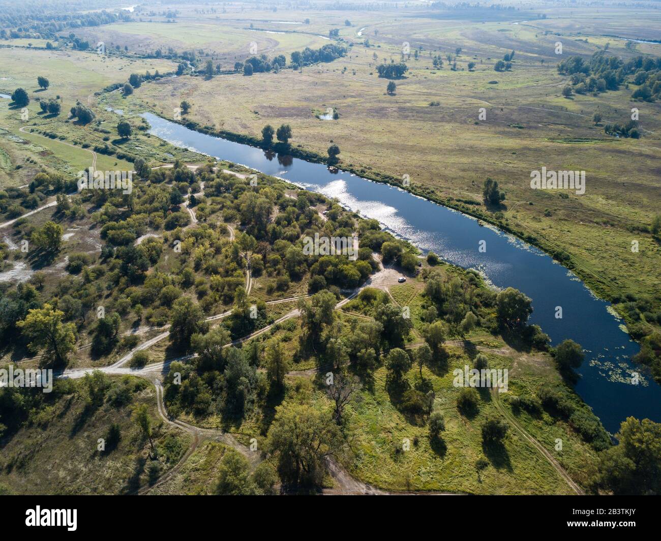 Veduta aerea del fiume Desna, versamenti e foreste nella regione di Chernihiv, in occasione del giorno d'estate, Ucraina Foto Stock