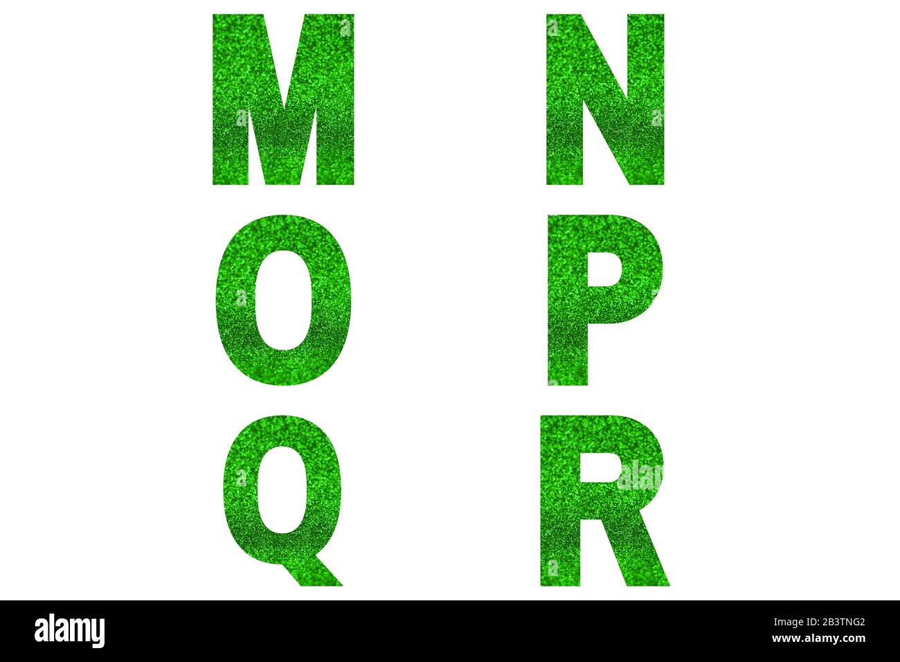 Font verde Alphabet m, n, o, p, q, r fatto di sfondo verde brillante. Alfabeto festivo. Foto Stock