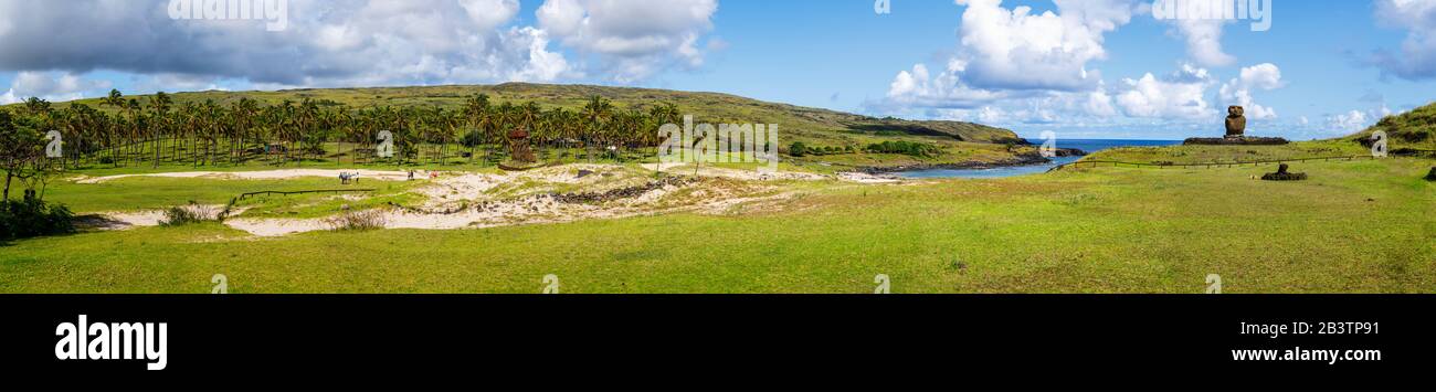 Spiaggia di Anakena circondata da palme tropicali sulla costa nord dell'isola di Pasqua (Rapa Nui), Cile con vista dello skyline del moai sulla piattaforma Ahu Ature Foto Stock