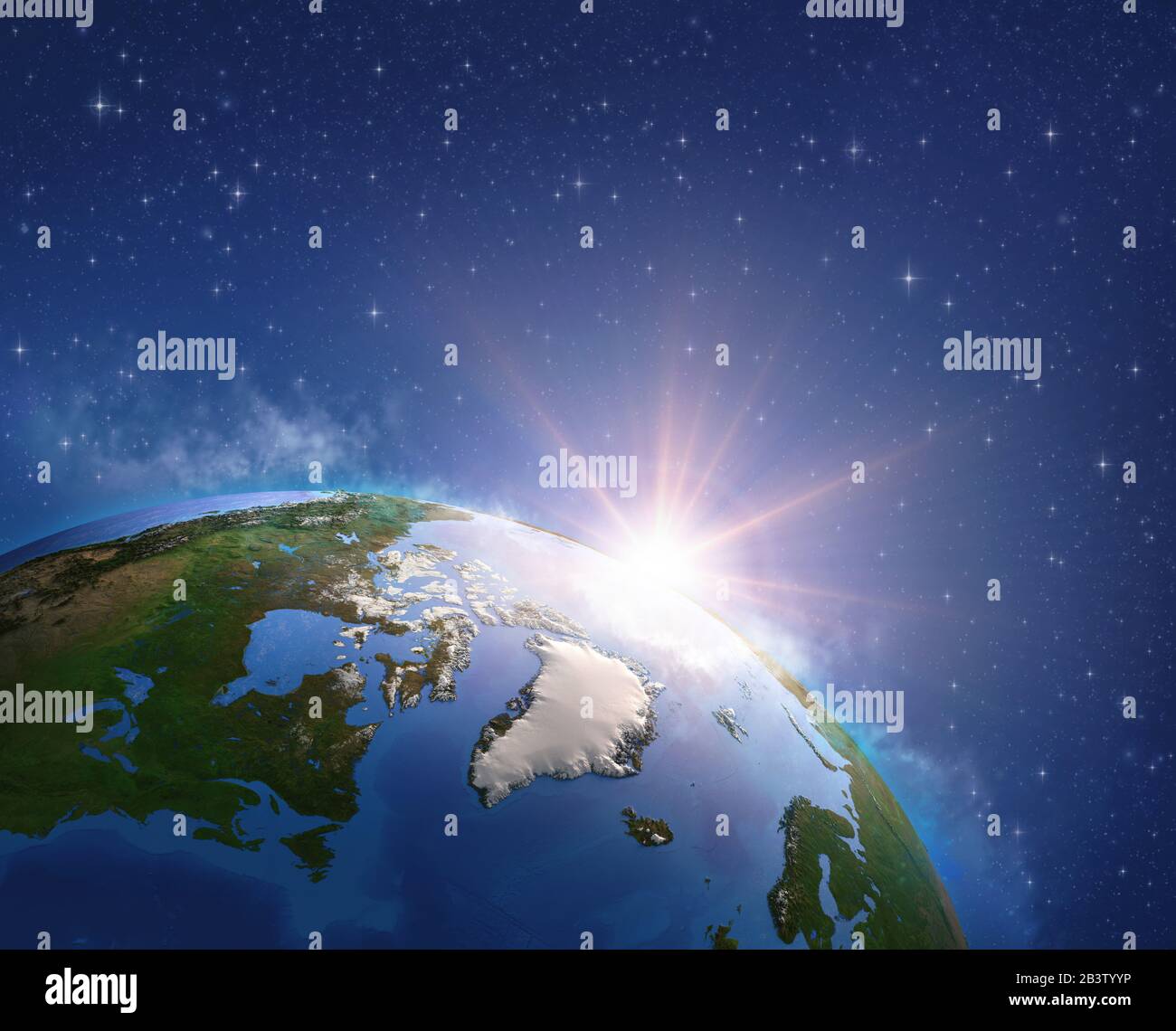 Regione artica, Groenlandia e Canada visto da un satellite, il sole che sorge all'orizzonte. Mappa fisica del Polo Nord. Illustrazione 3D - Elementi di questo Foto Stock