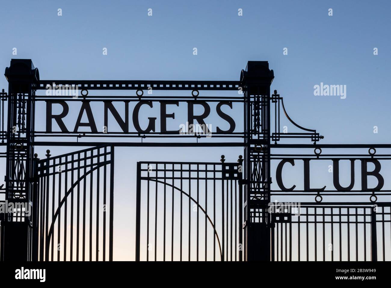 Gate dettaglio che mostra Rangers Club, Ibrox stadio di calcio, Govan, Glasgow, UK Foto Stock