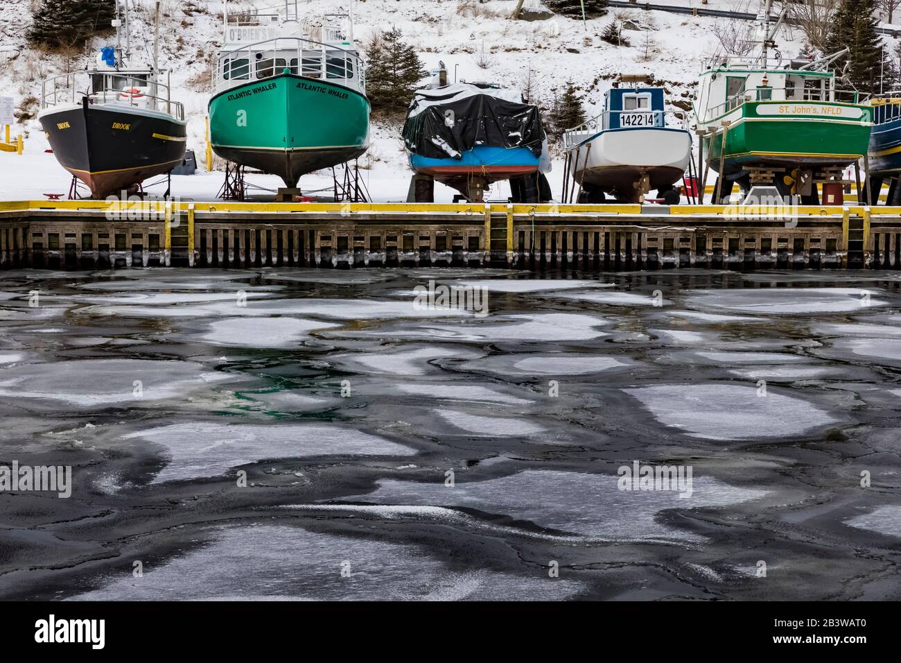 Barche da pesca in inverno a Bay Bulls lungo la penisola di Avalon a Terranova, Canada [Nessun rilascio di proprietà; disponibile solo per le licenze editoriali] Foto Stock