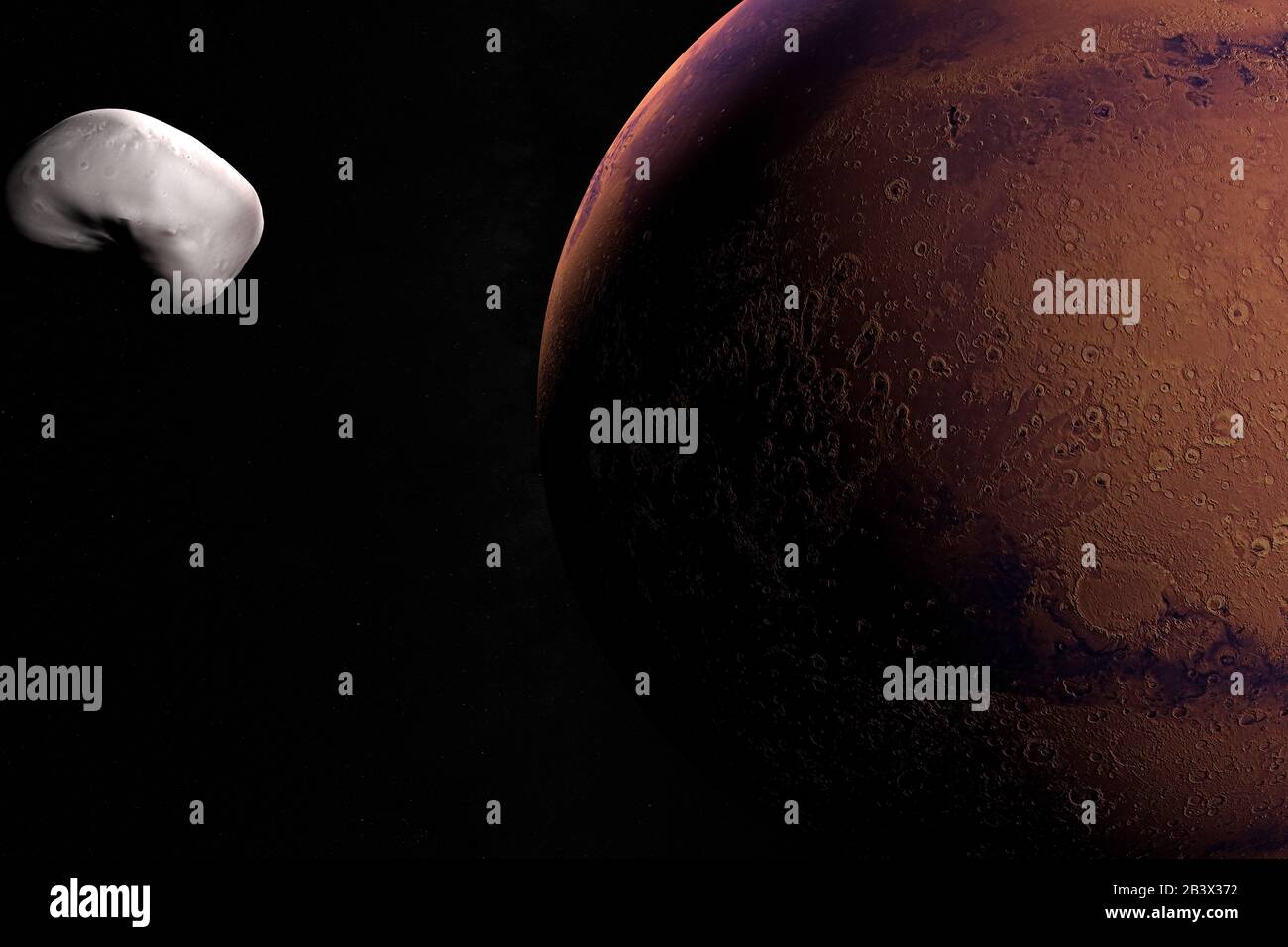 Luna marziana Deimos, Marte II, orbitante intorno al pianeta Marte. rendering 3d Foto Stock