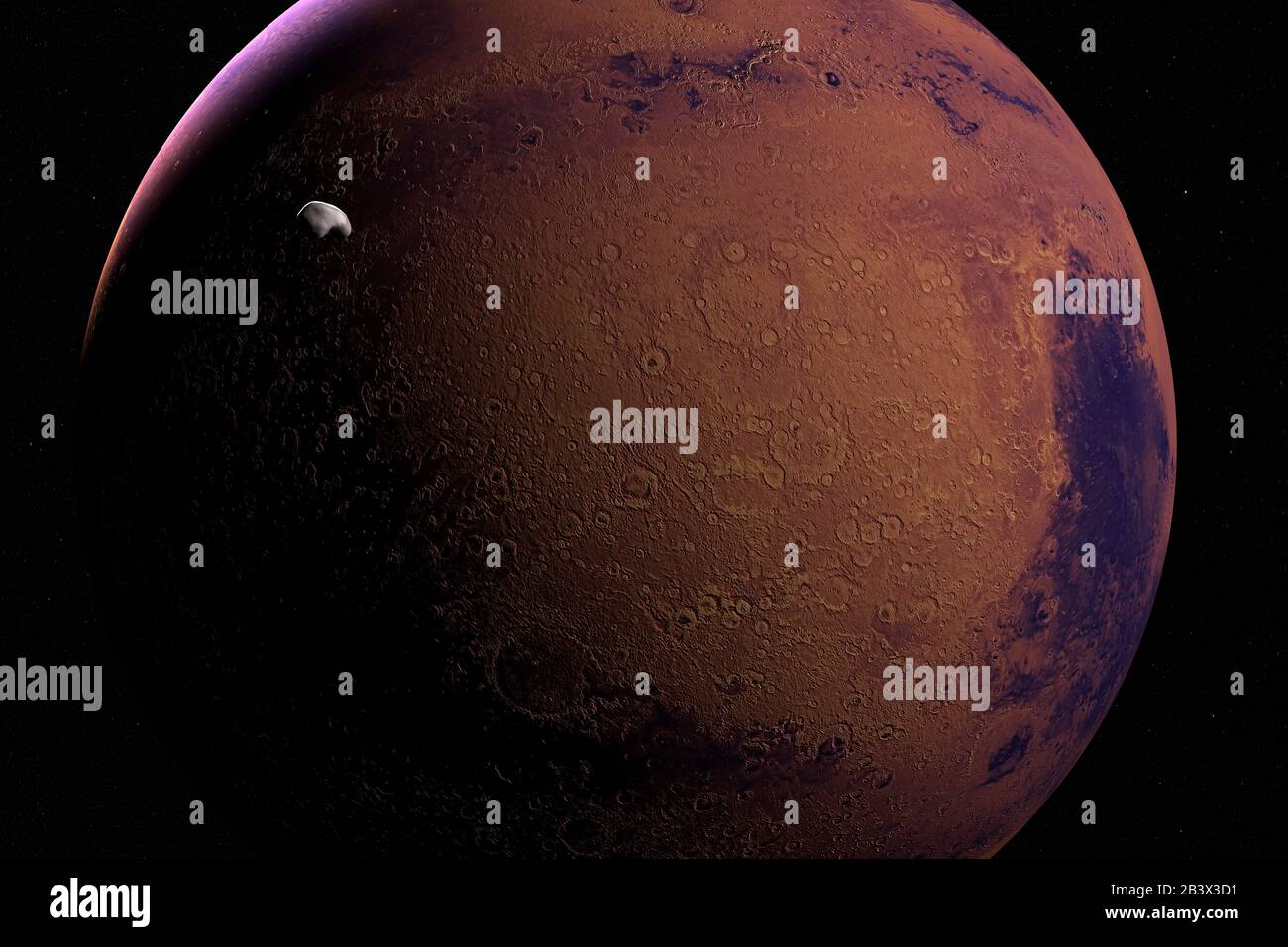 Satellite marziano Deimos, Marte II, orbitante intorno pianeta Marte. rendering 3d Foto Stock
