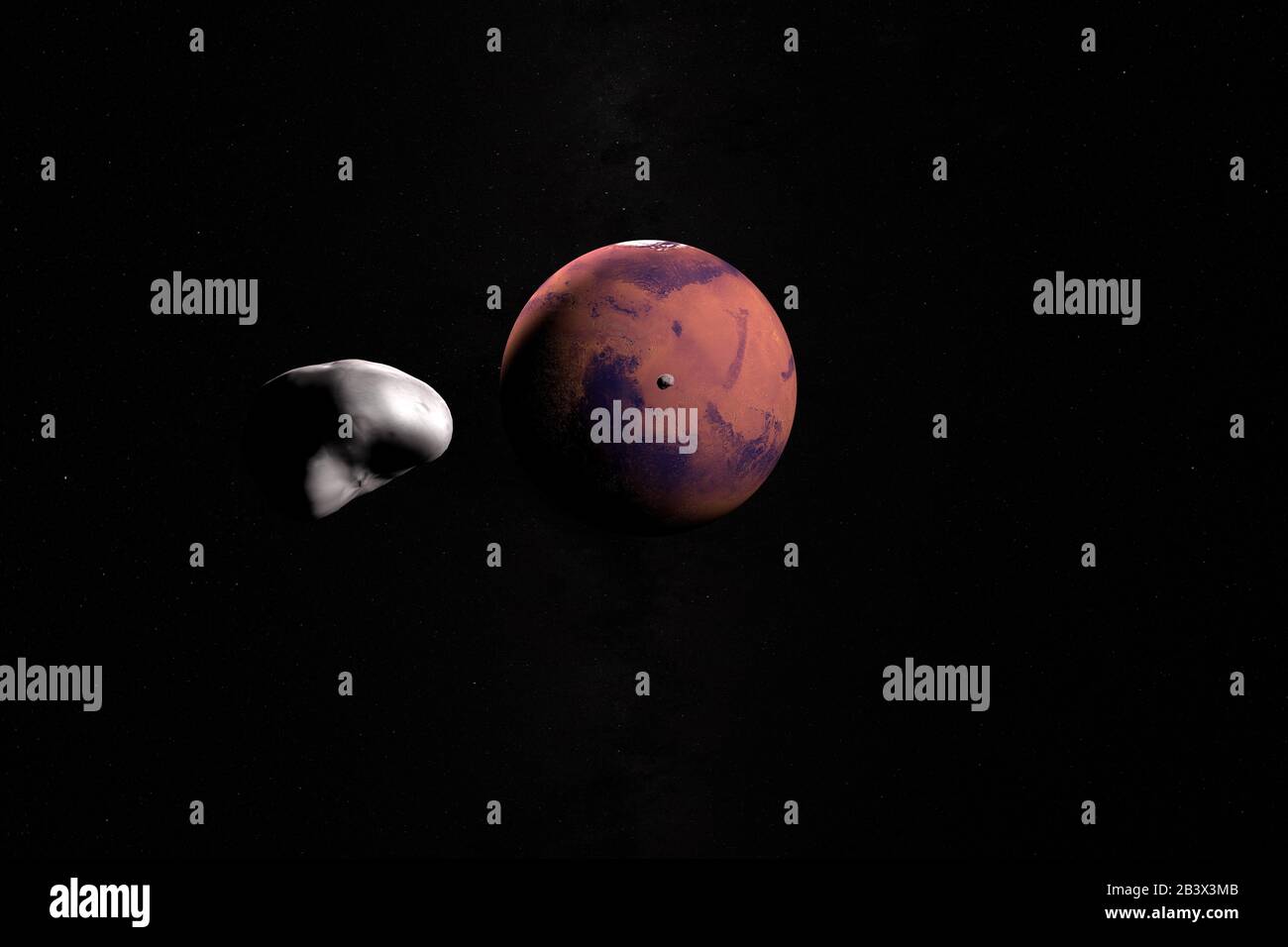Satelliti maritiani Phobos e Deimos orbitanti intorno al pianeta Marte. rendering 3d Foto Stock