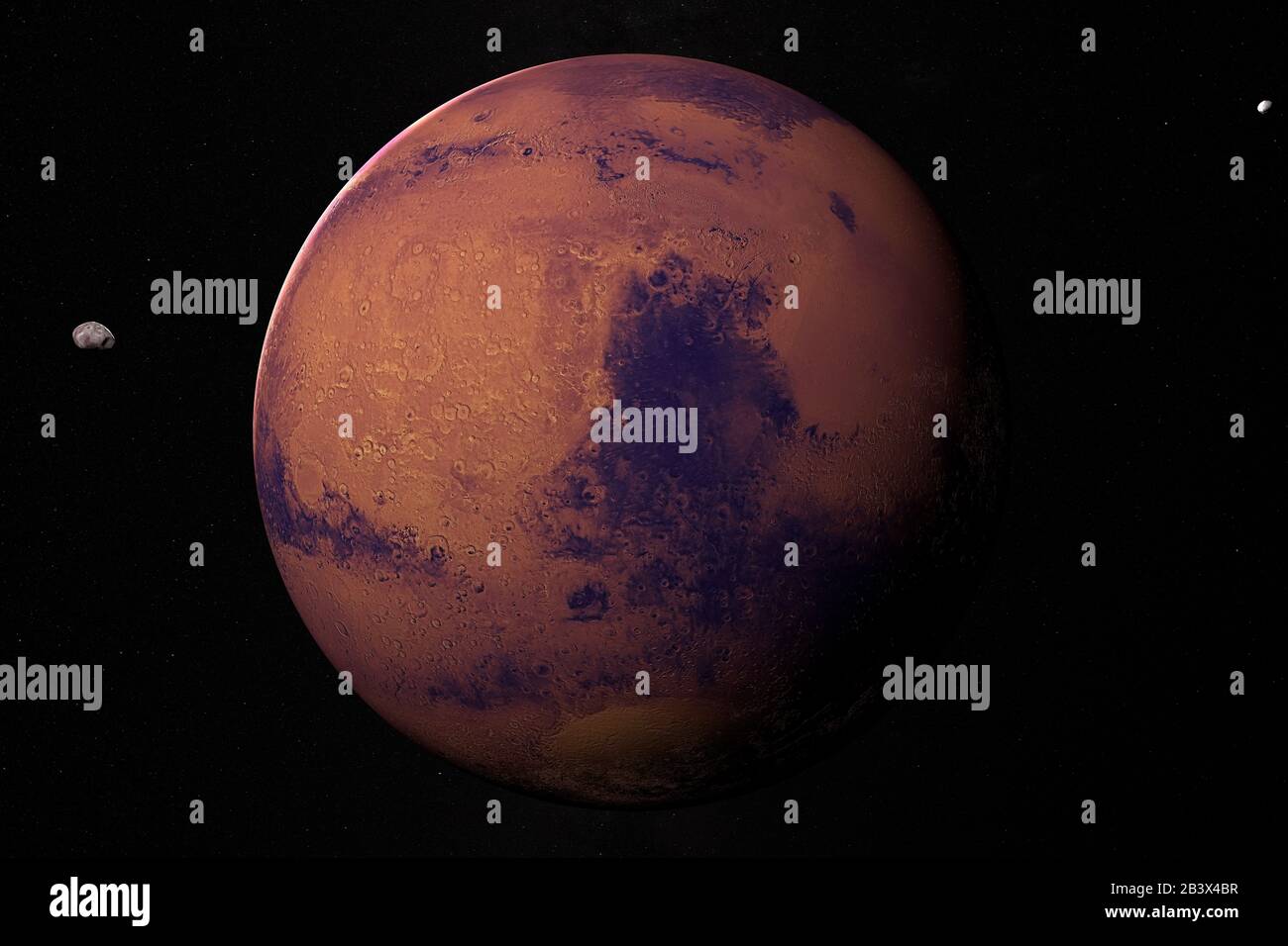Satelliti maritiani Phobos e Deimos orbitanti intorno al pianeta Marte. rendering 3d Foto Stock