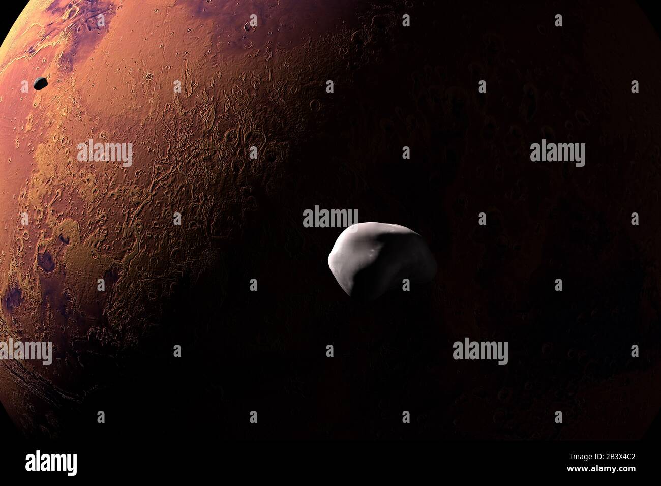 Phobos e Deimos, Marte i e Marte II, orbitante intorno al pianeta Marte. rendering 3d Foto Stock