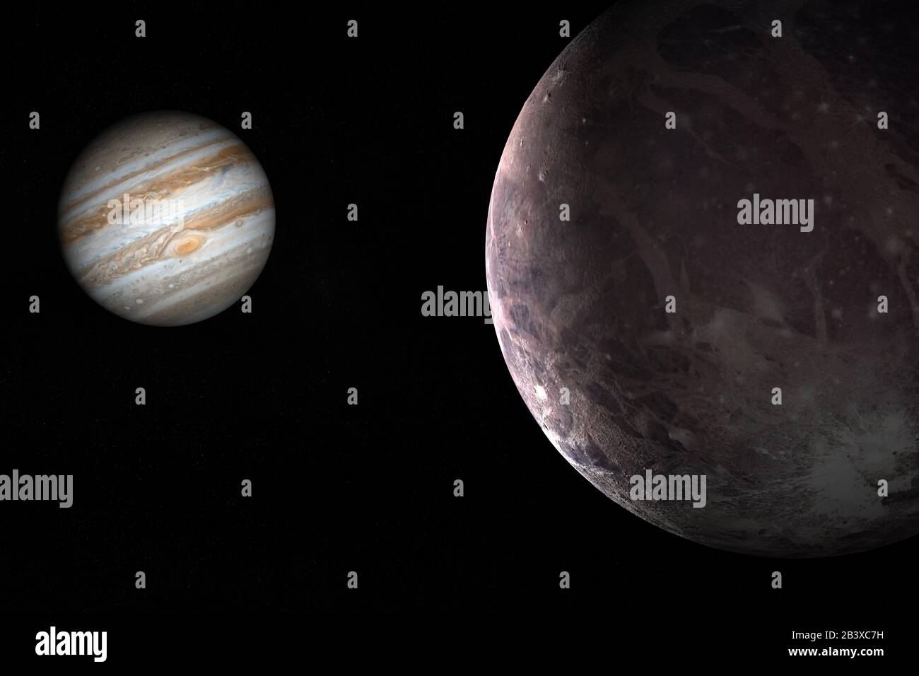 Giove pianeta e satellite Ganymede in rotazione nello spazio esterno. rendering 3d Foto Stock