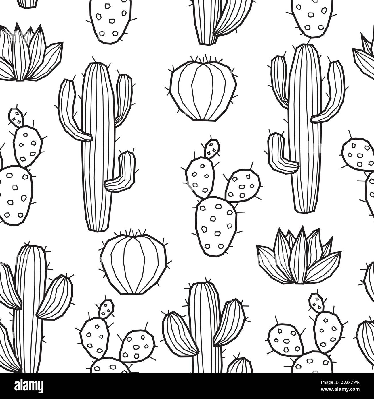 Cartone animato sfondo senza cuciture con motivo cactus colorato o nero e bianco. Illustrazione Vettoriale