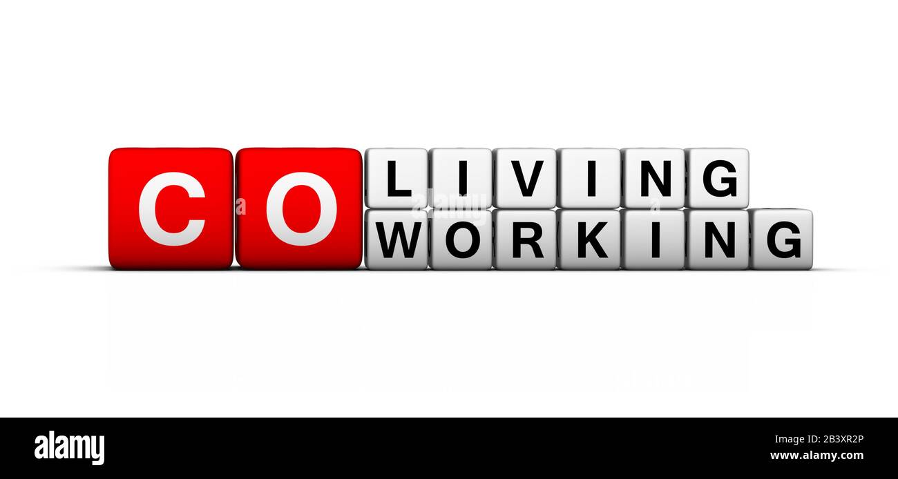 Spazio co-working e co-living 3D su sfondo bianco Foto Stock