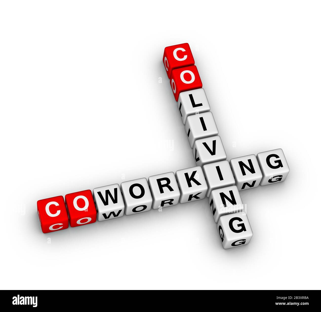 Puzzle di cruciverba 3D co-working e co-living su sfondo bianco Foto Stock