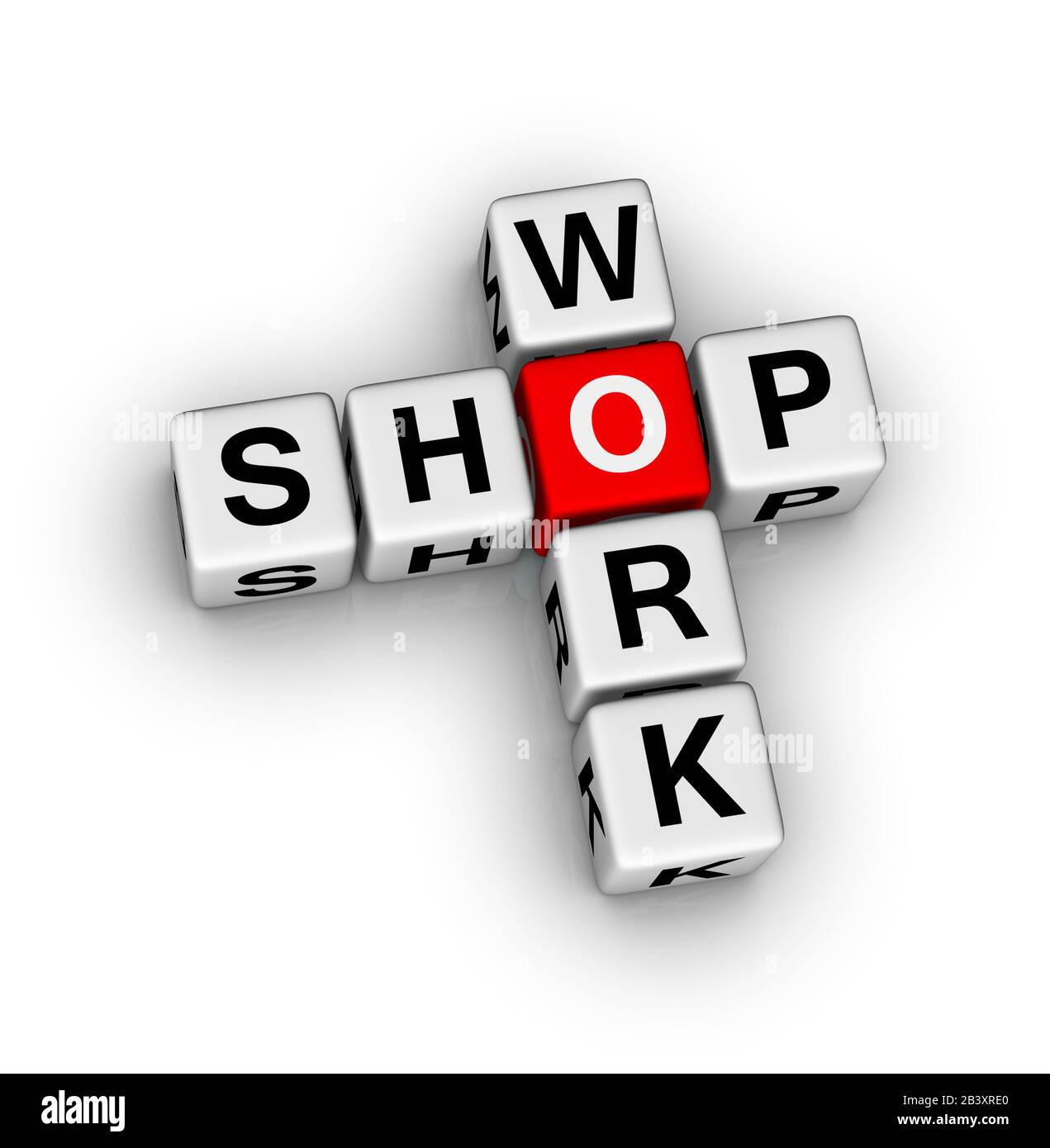 Workshop cruciverba puzzle. Cubetti 3D su sfondo bianco. Foto Stock