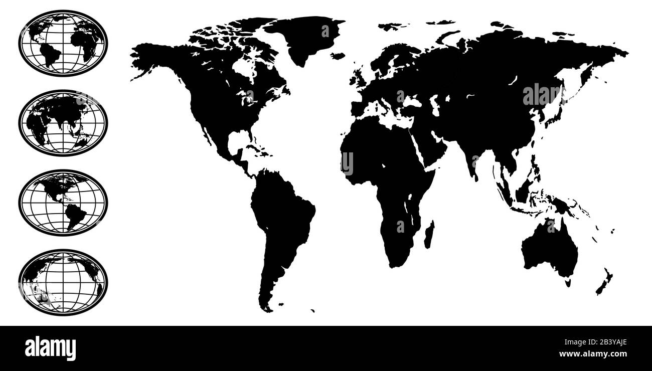 Illustrazione della silhouette nera astratta del globo e della mappa del mondo. Elementi di questa immagine fornita dalla NASA. Fonte della mappa: http://visibleearth.n Illustrazione Vettoriale