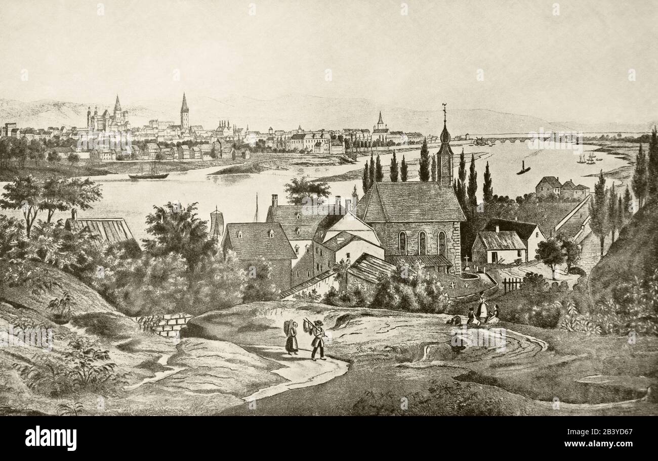 La città di Treviri (Germania) in cui nacque Karl Marx. Incisione della prima metà del 19th secolo. Foto Stock