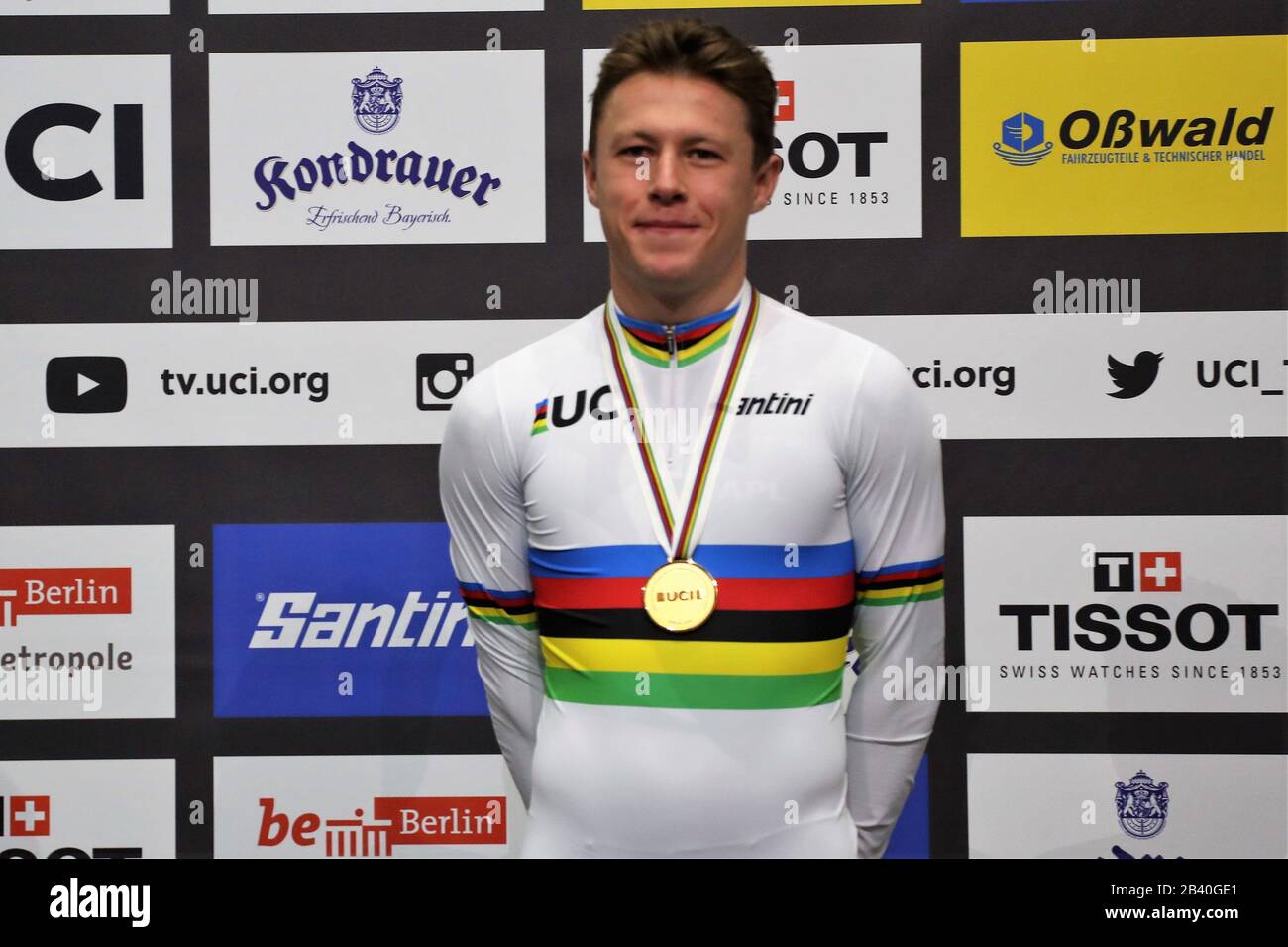 Corbin Strong of New Zealand Men's Points Race Podium durante i Campionati  mondiali di ciclismo su pista UCI 2020 Presentati da Tissot il 28 febbraio  2020 al Velodrome di Berlino, Germania -