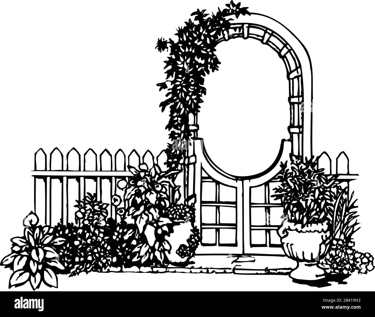 Garden Gate Con Flowers Vector Illustration Illustrazione Vettoriale