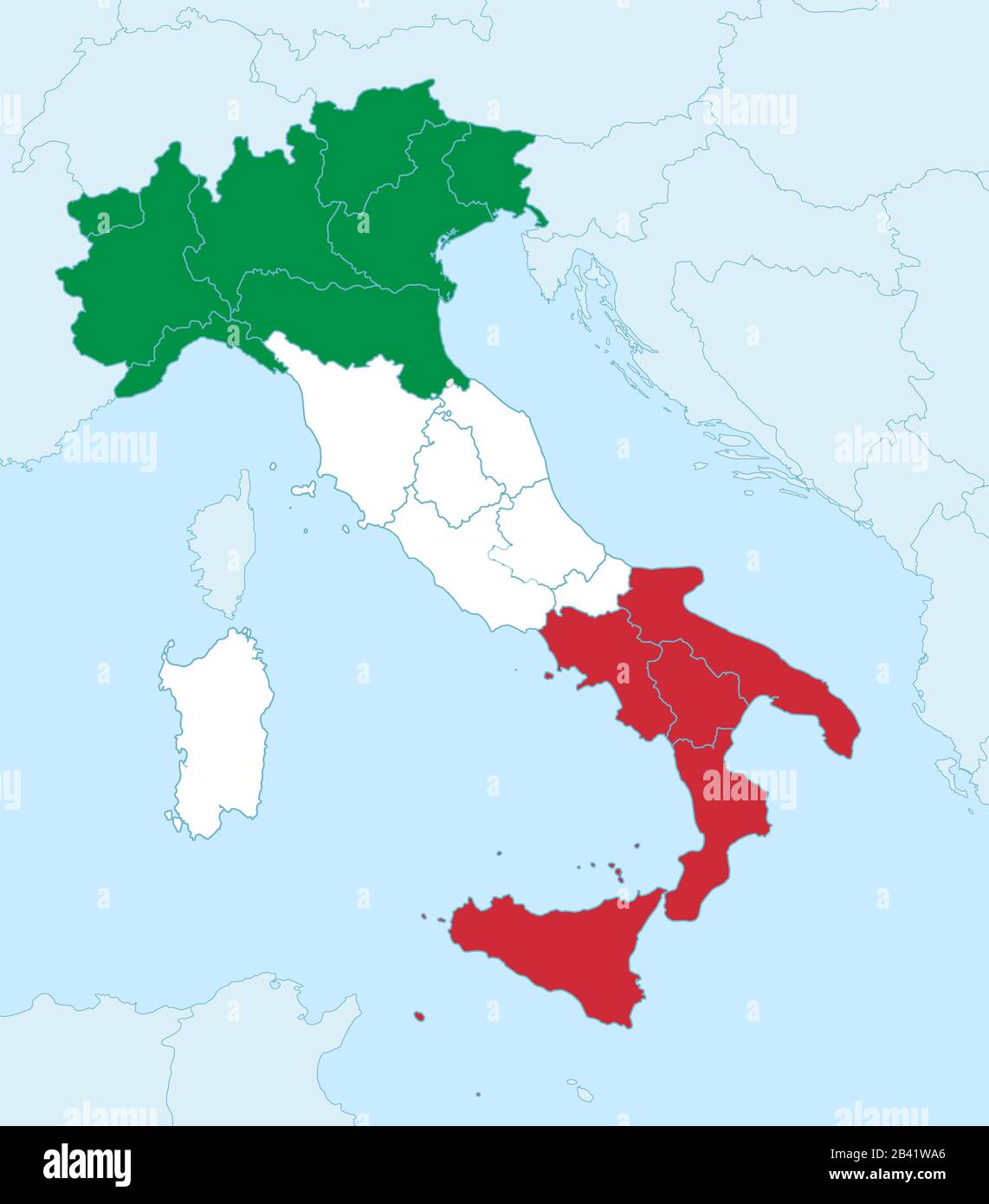 Mappa Italia in colori bandiera con stati vicini, divisione amministrativa, sfondo blu vuoto Foto Stock