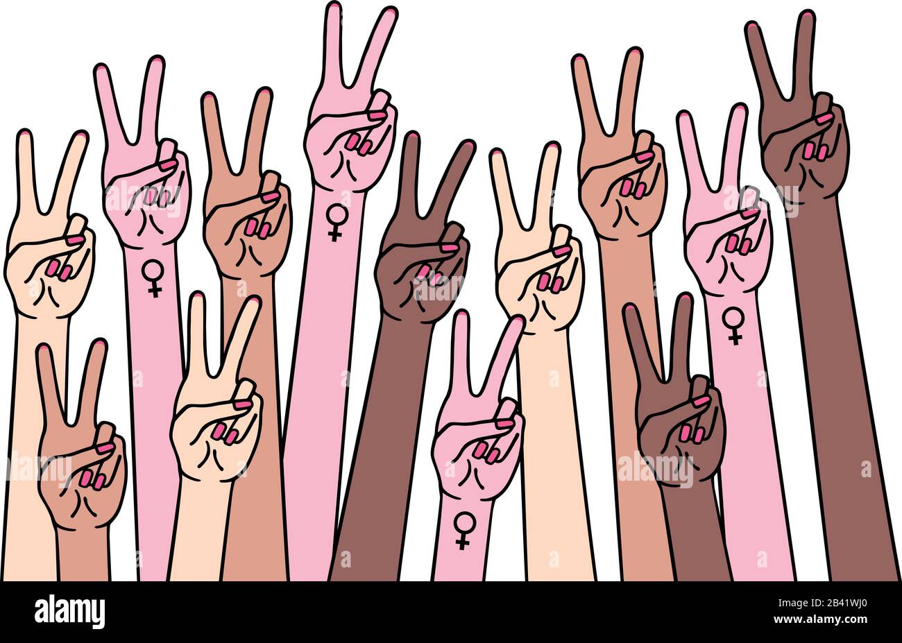 Diverse mani femminili con pace e segno femminile, illustrazione vettoriale Illustrazione Vettoriale