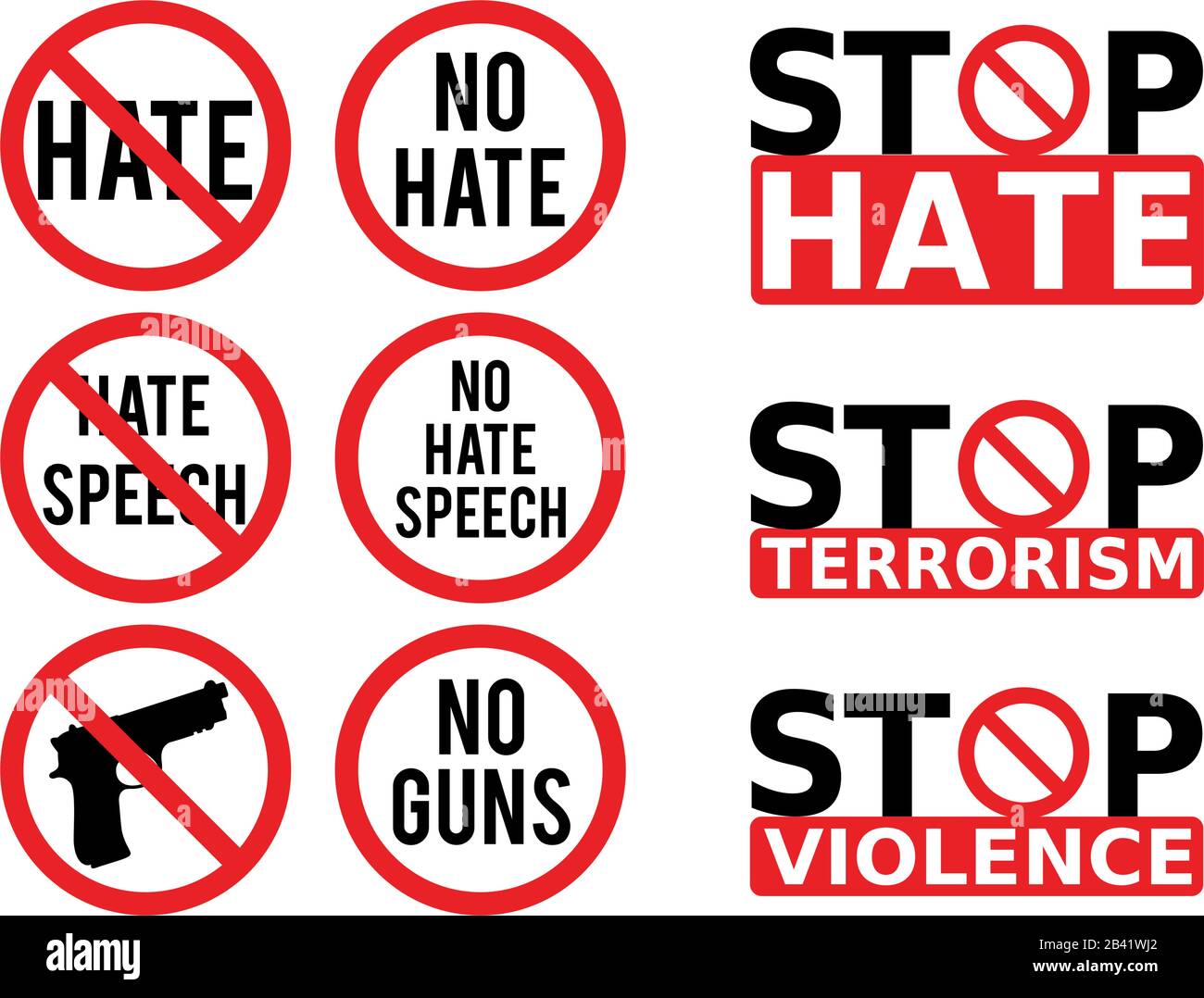 Nessun segno di odio, simbolo di divieto, stop alla violenza, lotta contro il cyberbullismo, insieme di elementi di progettazione vettoriale Illustrazione Vettoriale