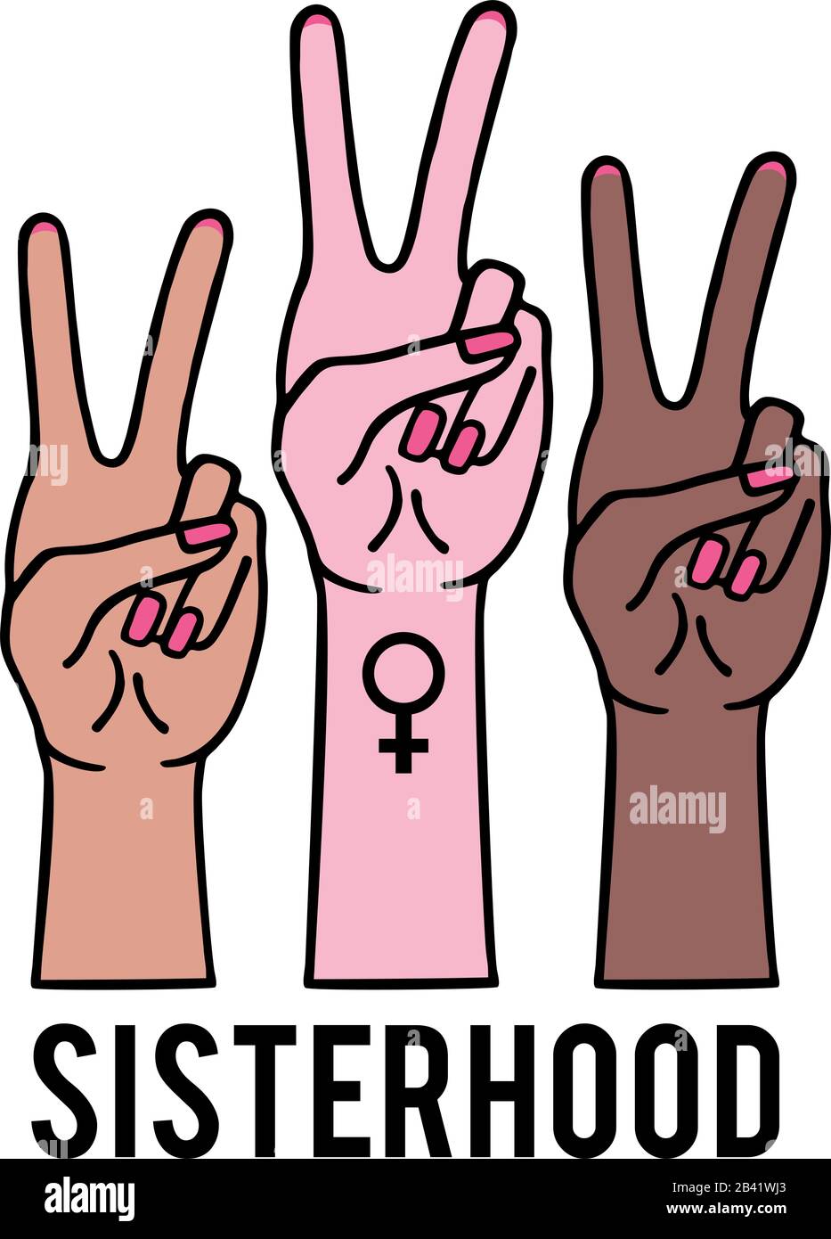 Mani femminili con segno di pace, concetto femminista, diversità, etnia, illustrazione vettoriale Illustrazione Vettoriale