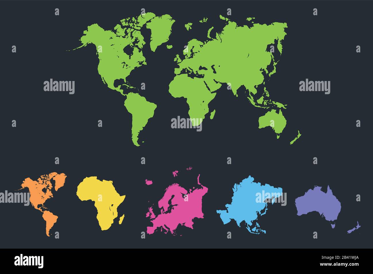 Mappa dei continenti del mondo, America, Europa, Africa, Asia, Australia, Isolato su sfondo blu scuro bianco Foto Stock