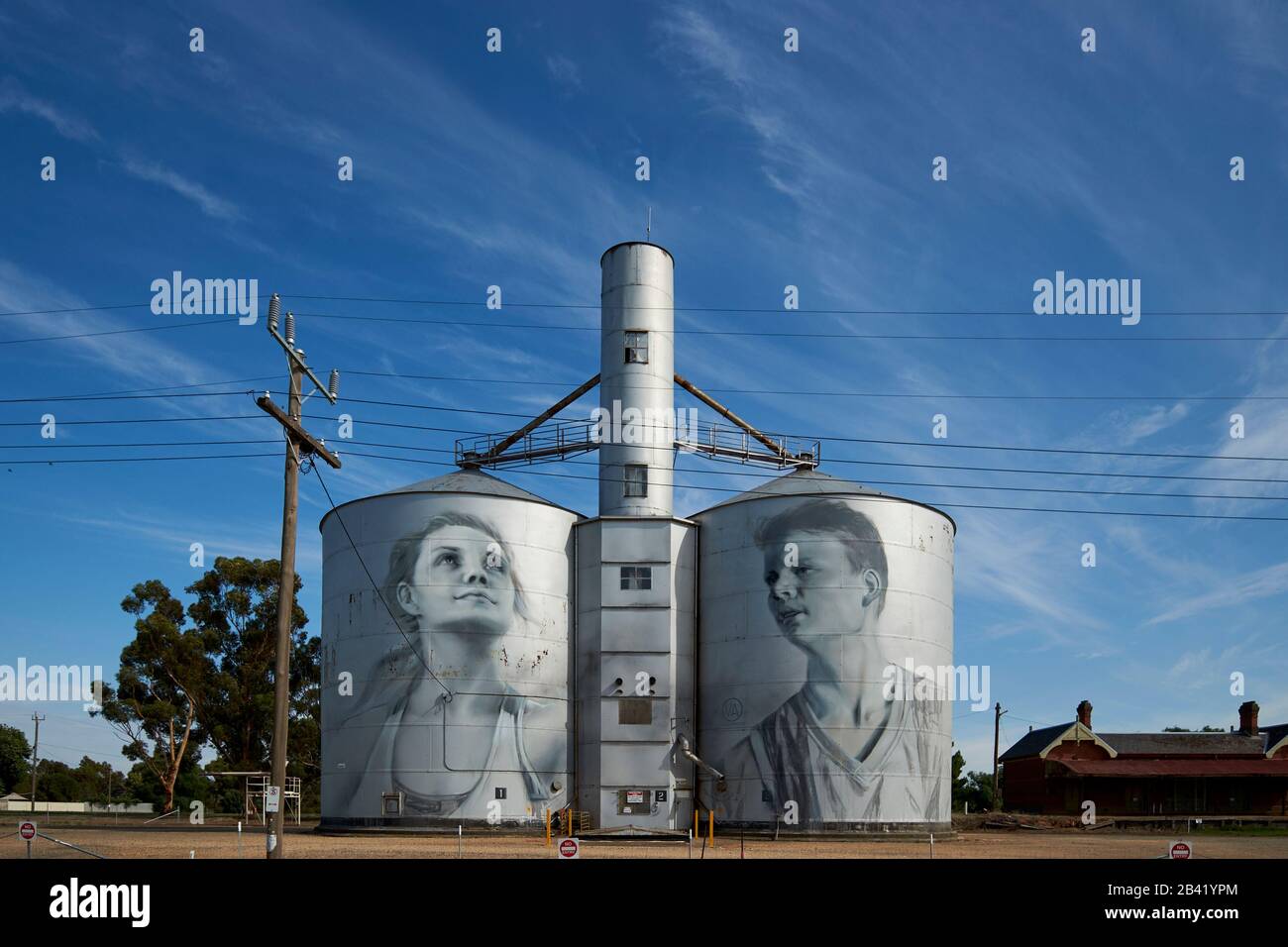 Murale del sentiero dell'arte del silo, dipinto dall'artista russo Julia Volchkova. Raffigura i giovani locali. A Rupanyup, Victoria, Australia. Foto Stock