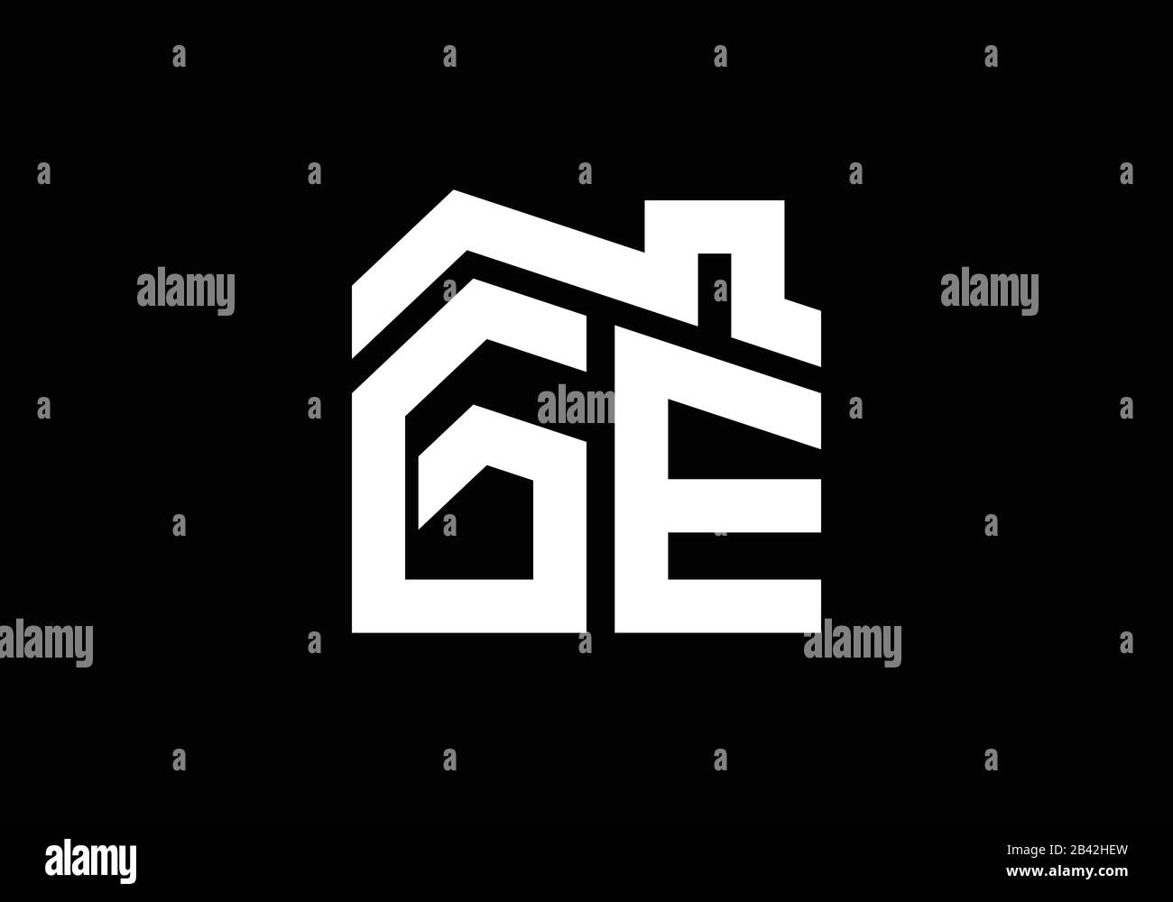 Lettera iniziale G ed e con il tetto. Concetto di design del logo immobiliare. Illustrazione Vettoriale