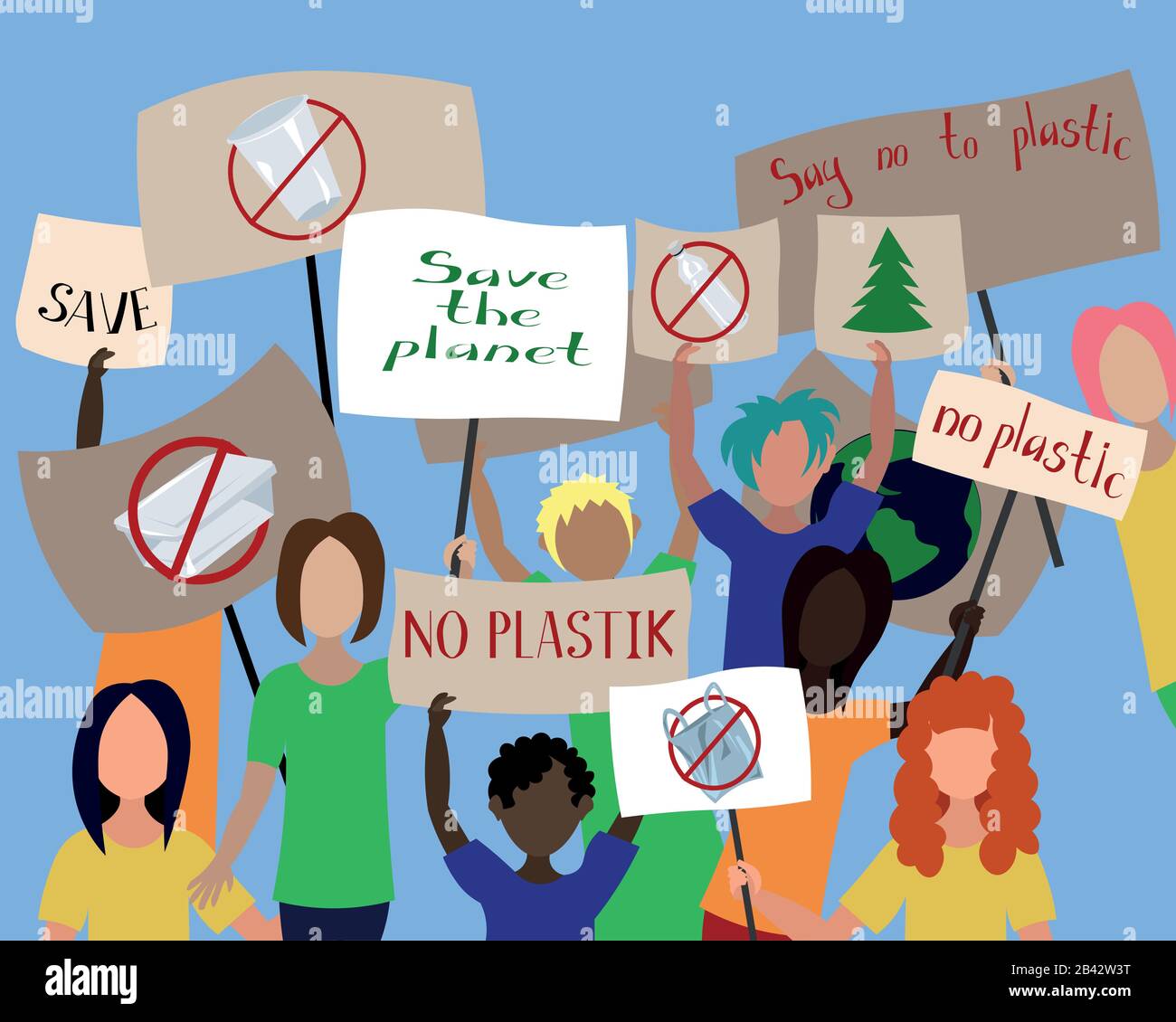 Un gruppo di persone che protestano con poster. Posizione, requisiti. Ecologia, proteggere la natura. Illustrazione Vettoriale