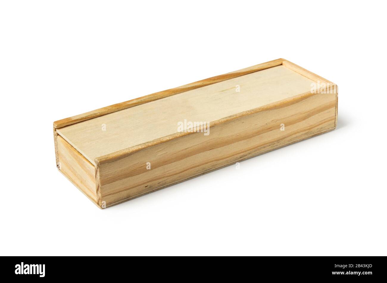 Custodia a matita in legno con coperchio retrattile isolato su bianco Foto Stock