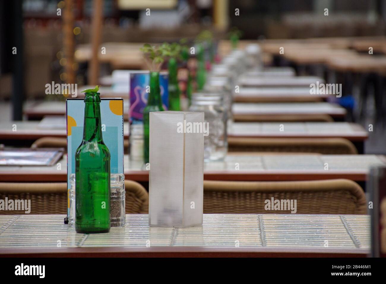 Bottiglie di birra in fila su un tavolo Foto Stock