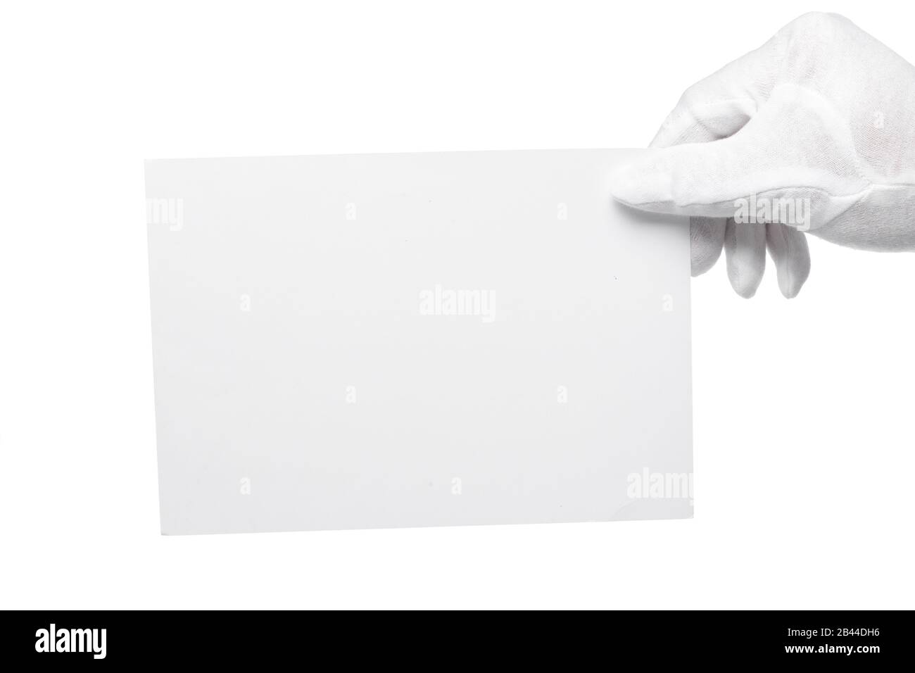 Maggiordomo o portiere con una mano in bianco. Braccio di formato orizzontale con mano distesa dal lato destro isolato su bianco. Foto Stock