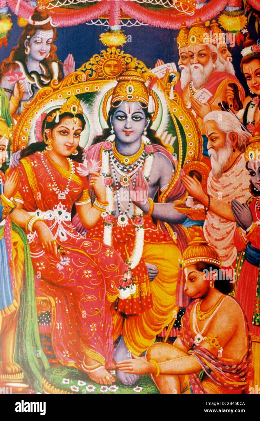 RAM Darbar, RAM Sita e Hanuman pittura, India, Asia Foto Stock