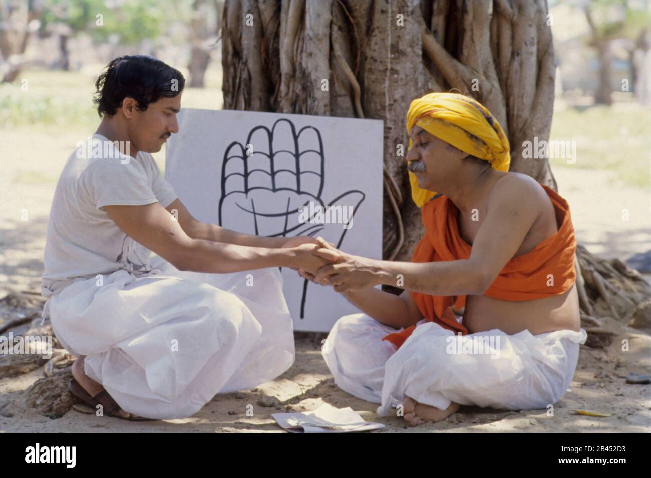 Palmist lettura mano seduta sotto albero, India, Asia Foto Stock