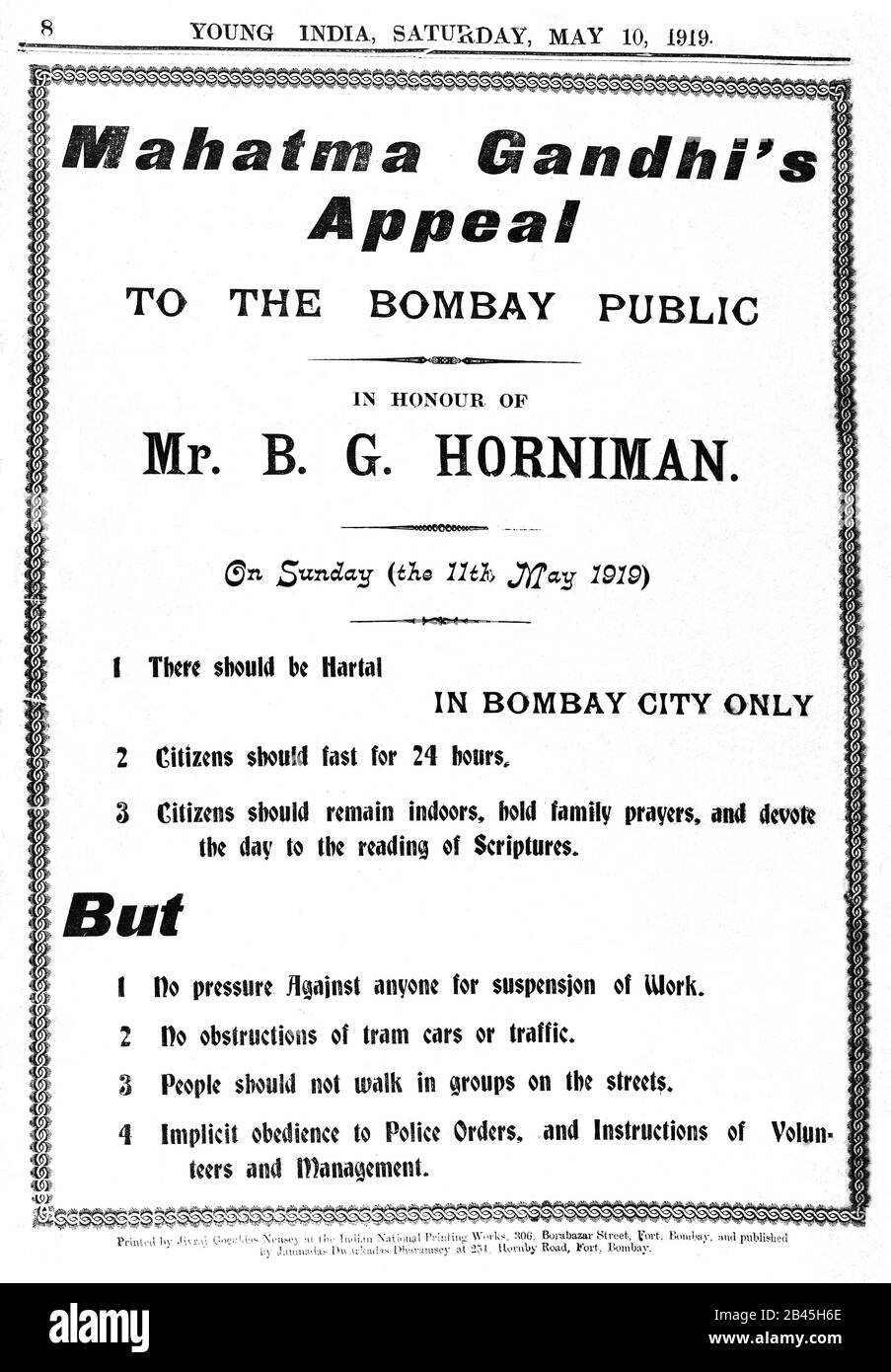 Mahatma Gandhi appello per sciopero in Young India giornale del 10 maggio 1919 a Bombay, Mumbai, Maharashtra, India, Asia il 11 maggio 1919, vecchia immagine del 1900 Foto Stock