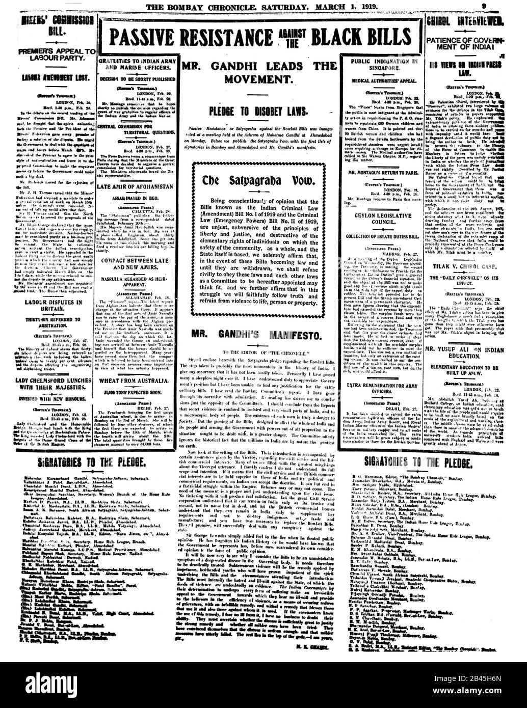 Mahatma Gandhi libertà lotta notizie nel giornale Bombay Chronicle, 1 marzo 1919, Bombay, Mumbai, Maharashtra, India, vecchia immagine del 1900 Foto Stock
