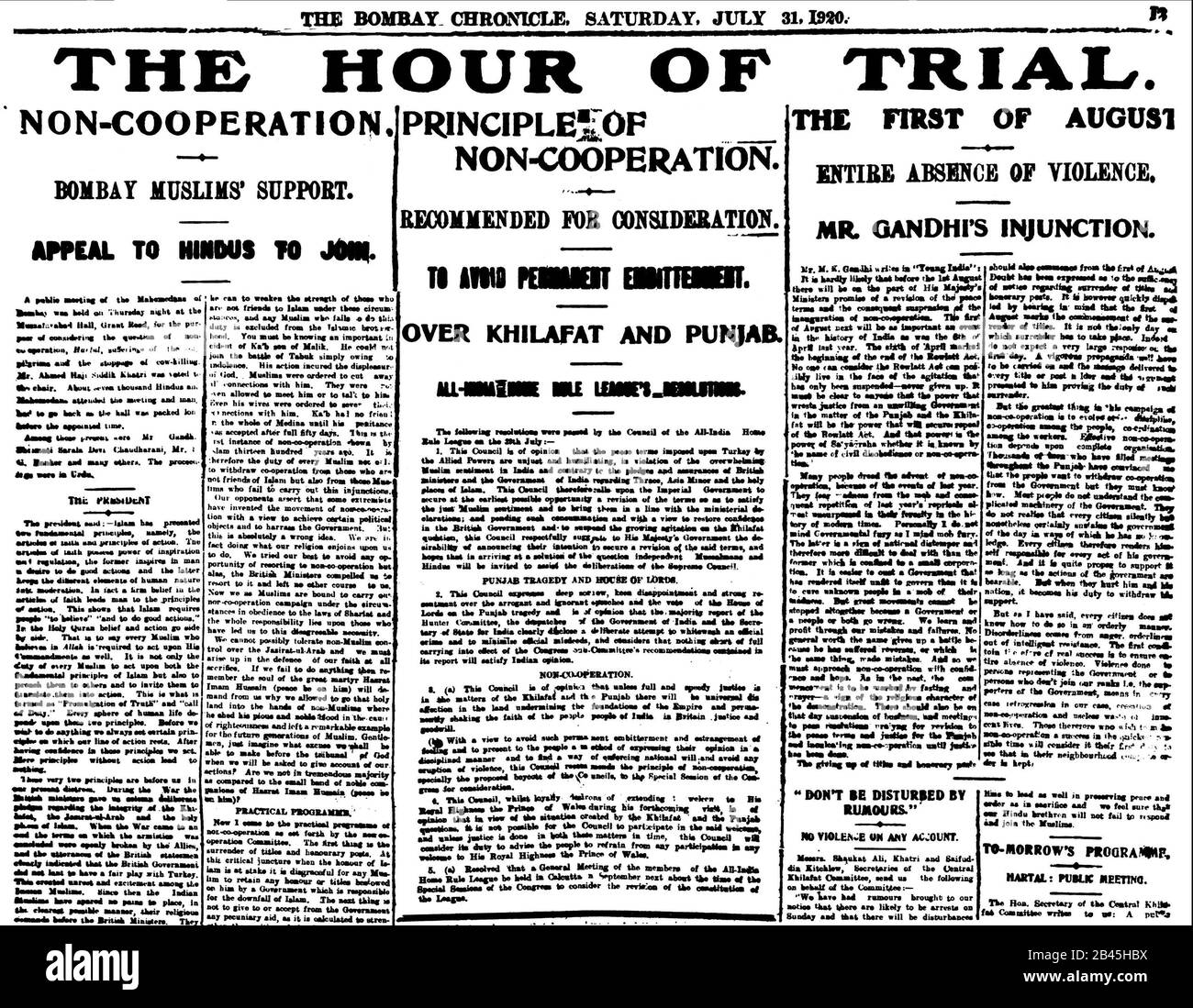 Mahatma Gandhi libertà lotta notizie nel giornale Bombay Chronicle, 31 luglio 1920, Bombay, Mumbai, Maharashtra, India, vecchia immagine del 1900 Foto Stock