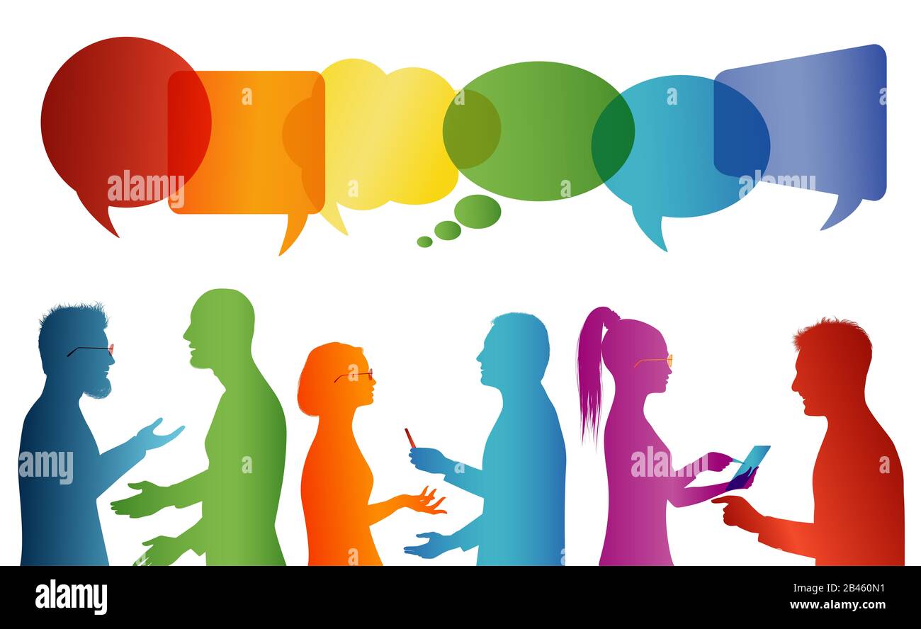 Folla che parla. Comunicazione tra gruppi di persone che parlano. Comunicare i social network. Dialogo tra le persone. Profilo multicolore Foto Stock