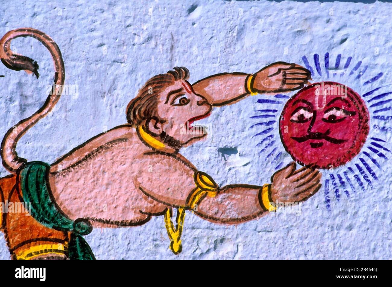 Muro pittura sul tempio Signore Hanuman mangiare sole in pandharpur Al Maharashtra India Asia Foto Stock