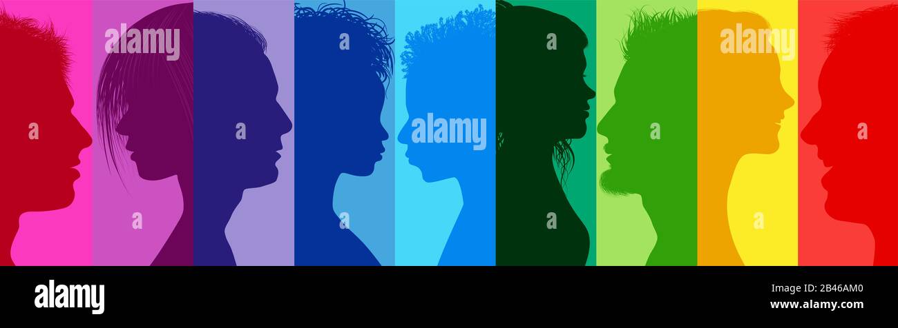 Gruppo di talking.Communication persone. Folla connessa. Comunità. Social media. Concetto di rete. Profilo diversity colore arcobaleno Foto Stock