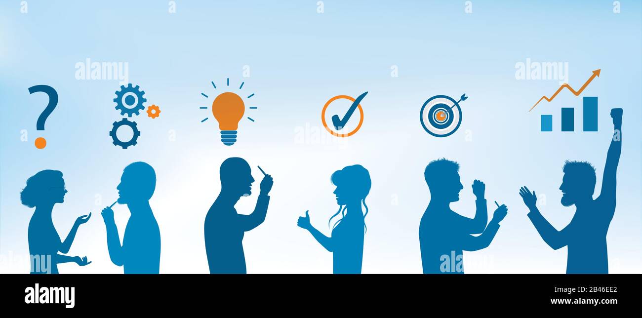Concept Problem Solving team.Business Solution.Analysis e trovare una soluzione ai problemi.strategia e successo.Servizio clienti.persone Silhouette Illustrazione Vettoriale