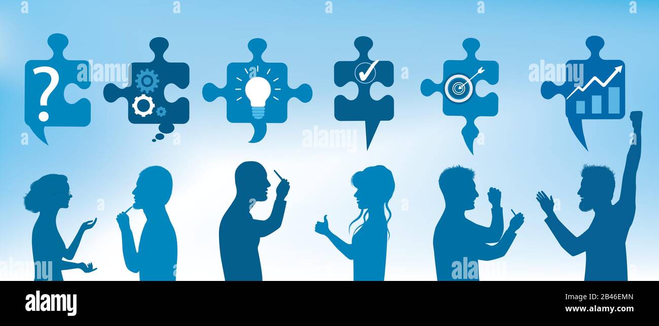 Profili la gente gesturing con i pezzi del puzzle con i simboli di risoluzione di problema. Soluzione aziendale.Risoluzione Dei Problemi team.strategia e successo.idea di condivisione Illustrazione Vettoriale