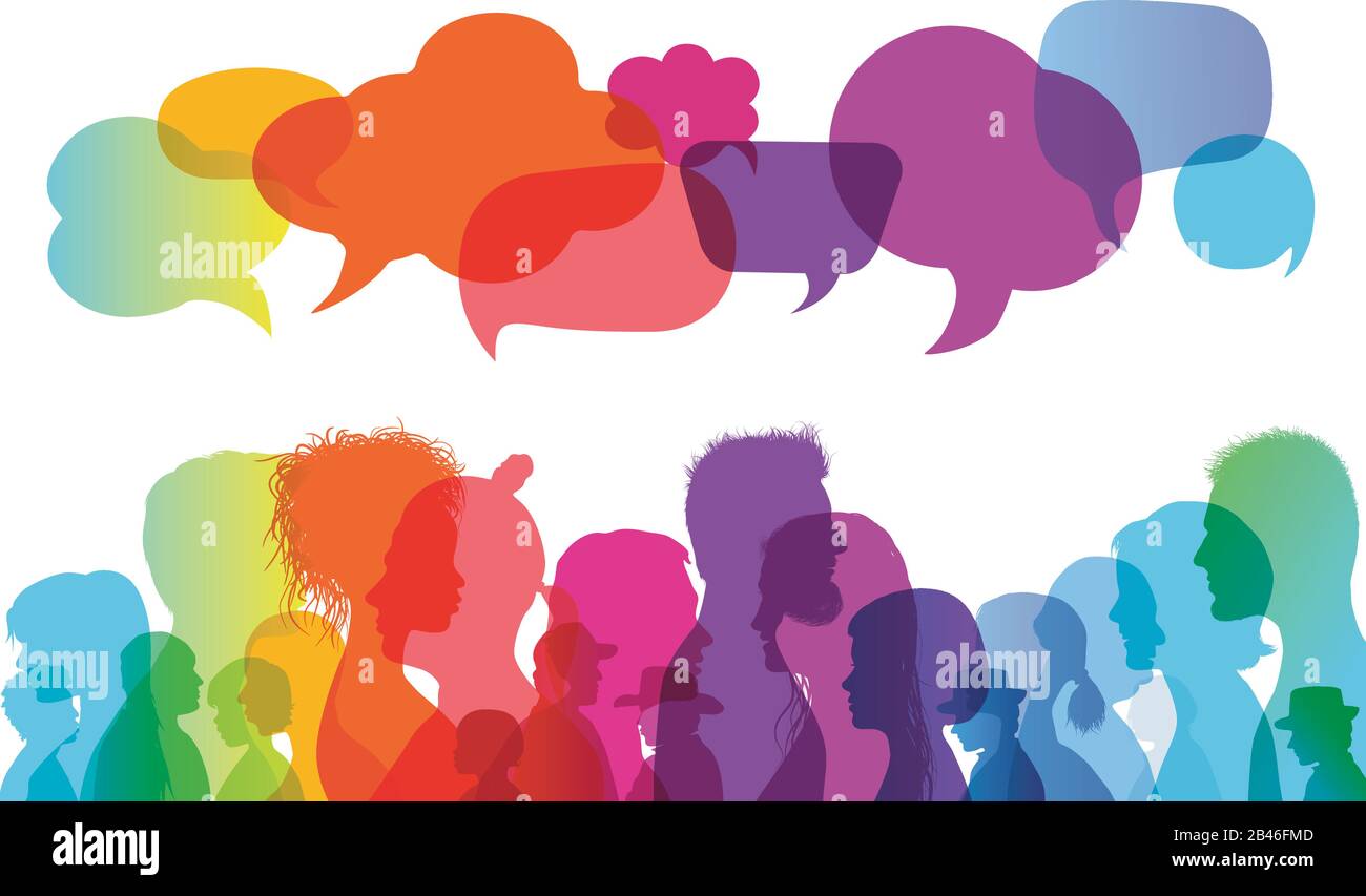 Speech bubble.Dialog Group people.Communication Multicultural People.Crowd talking.Silhouette.Multiethnic.Communicate.Sharing idea.Rainbow Colors Illustrazione Vettoriale