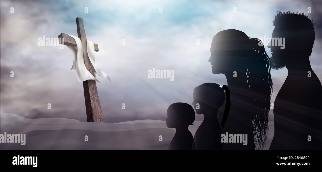 Profilo con crocifisso su sfondo scuro. Famiglia che guarda la croce. Popolo cristiano. Preghiera dei credenti. Sacrificio alla croce. Foto Stock