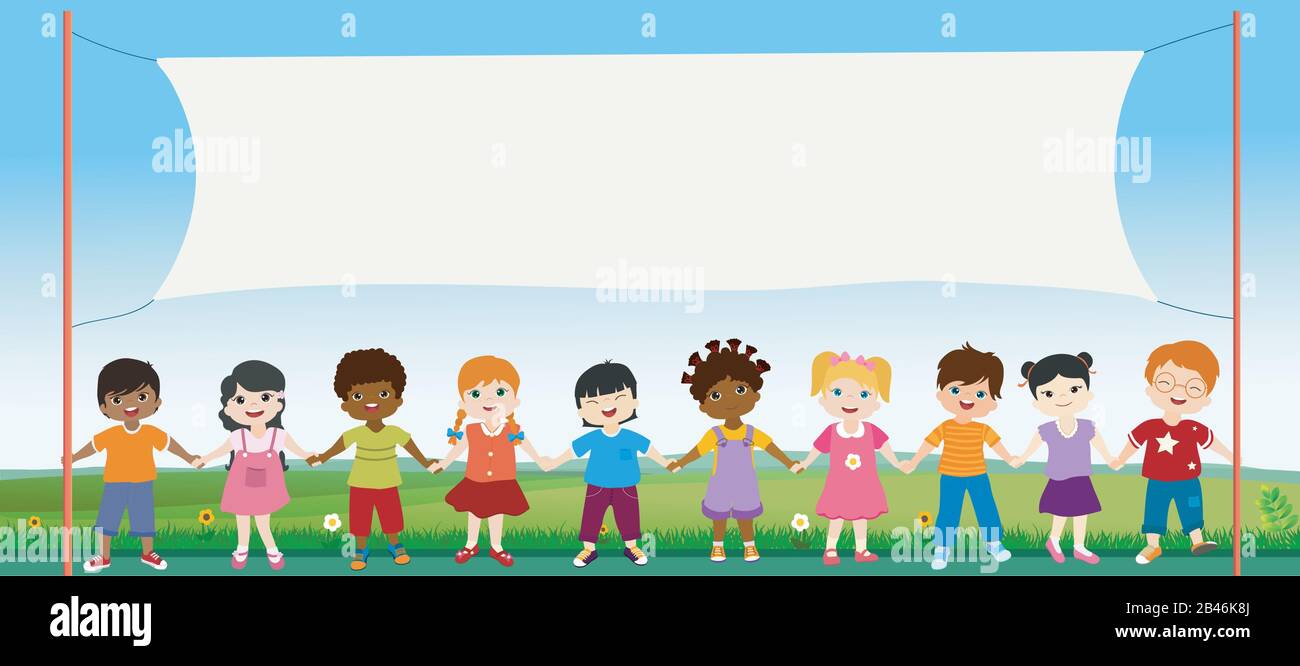 Gruppo di bambini multietnici diversi che tengono le mani. Diversità e cultura. Unità e amicizia. Comunità di bambini di nazionalità diversa. Illustrazione Vettoriale