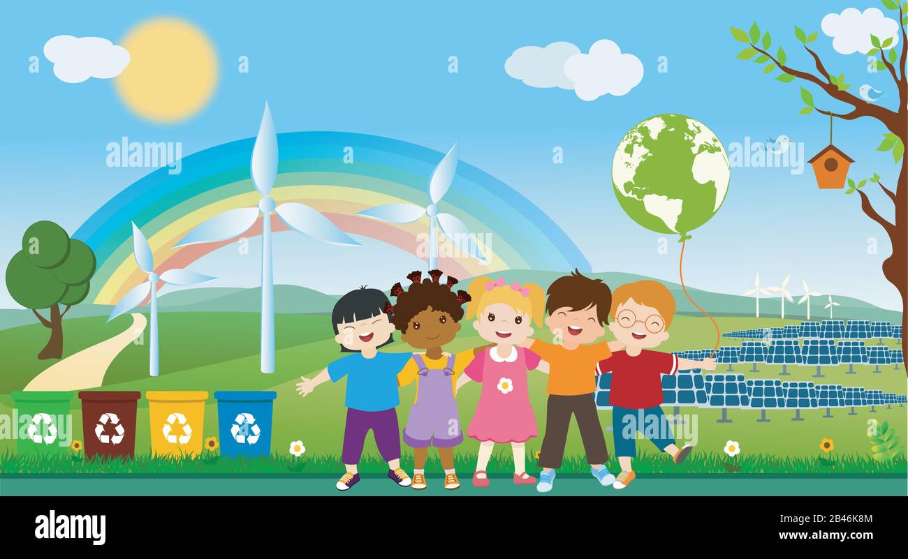 Bambini multietnici di diverse culture che si abbracciano per un mondo ecologico globale. Unità per energia pulita e sostenibile. Ecologia.Ambiente Illustrazione Vettoriale