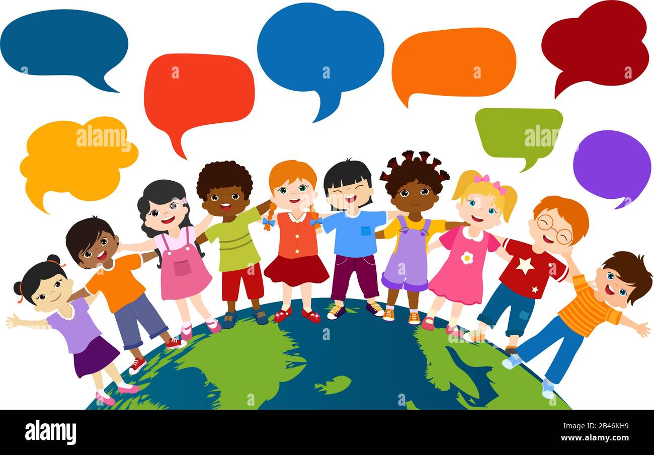 Comunicazione e amicizia dialogo gruppo di felici bambini multietnici che abbracciano ogni other.Community o infanzia con bambini diversa cultura Illustrazione Vettoriale